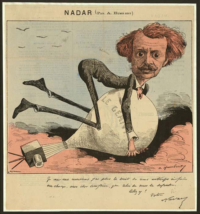 Albert Humbert - Caricatura de Nadar e seu balão- Litografia pintada-1863